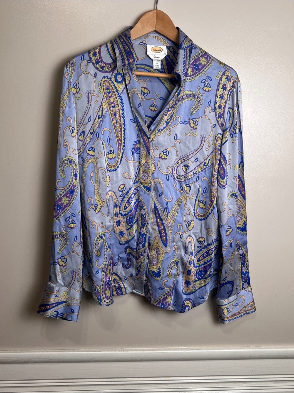 Talbots Size 14 Paisley Button Down 95% Silk Long Sleeve Blouse, EUC